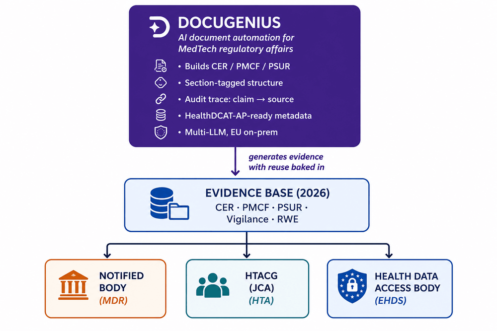 DocuGenius 2026 evidence flow diagram — CER, PMCF, PSUR feeding Notified Body, HTACG and Health Data Access Body